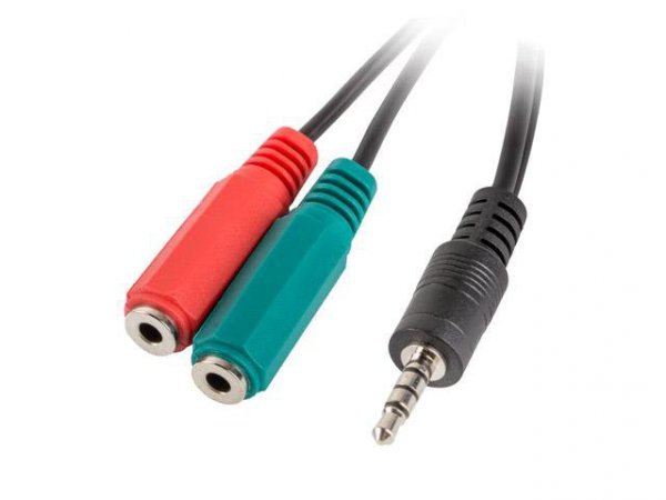 Kabel adapter Lanberg Minijack 3,5mm 4-pin (M) -&gt; 2x Minijack 3,5mm 3-pin (F) (słuchawki + mikrofon) 0,2m czarny