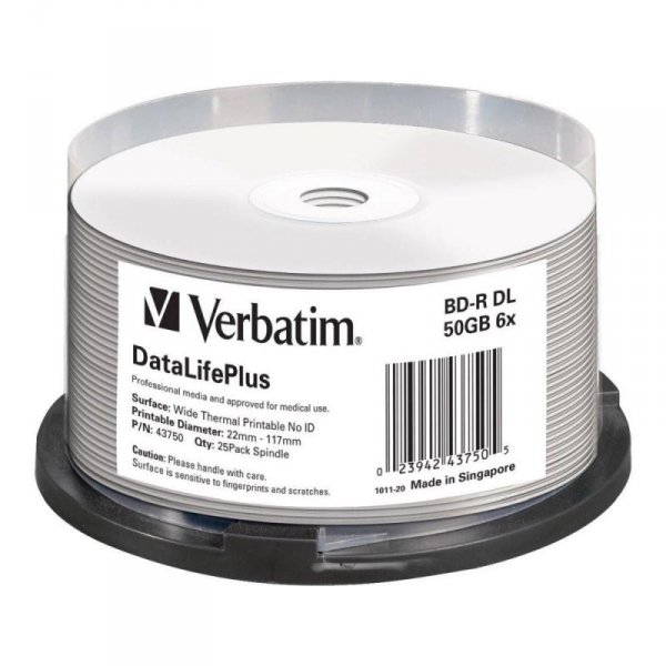 Płyty BD-R DL Verbatim 50GB 6x Wide White Thermal Printable - No ID Brand (spindle 25)