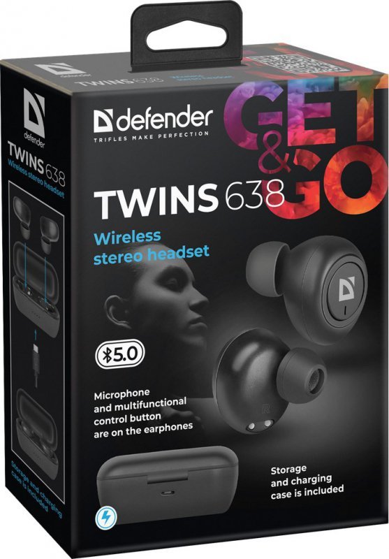 DEFENDER SŁUCHAWKI BEZPRZEWODOWE Z MIKROFONEM &quot;TWS&quot; TWINS 638 CZARNE 63638