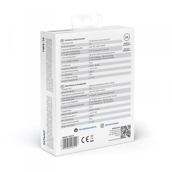 SAVIO SŁUCHAWKI BEZPRZEWODOWE BLUETOOTH 5.3 Z MIKROFONEM, ANC, ENC, QC TWS-12
