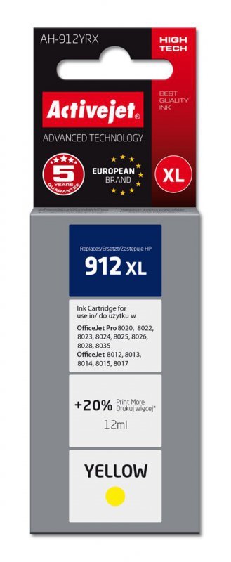 Activejet AH-912YRX Tusz  (zamiennik HP 912XL 3YL83AE; Premium; 990 stron; 12 ml, żółty)