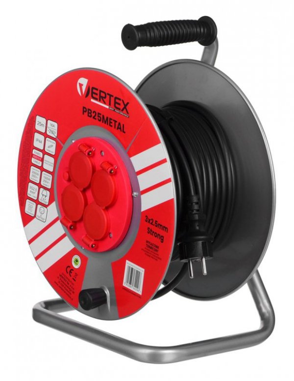 Przedłużacz elektryczny  bębnowy 25M VERTEX 3x2,5mm PB25METAL czarny