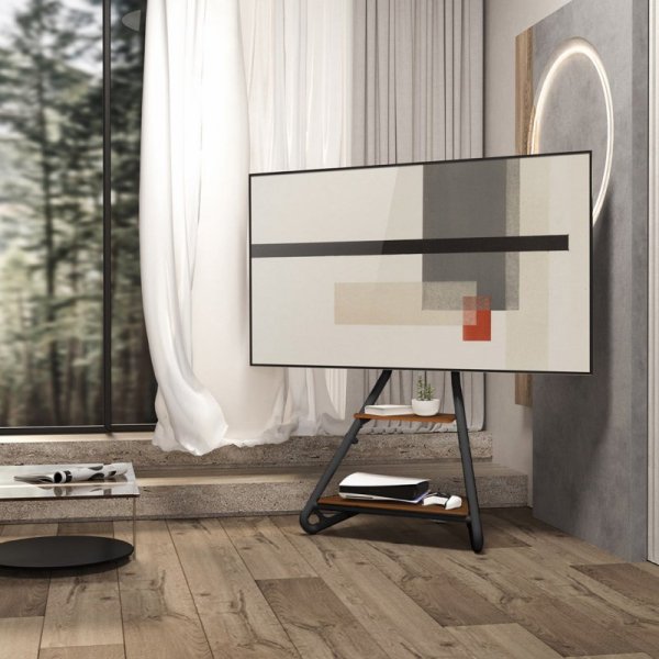 MACLEAN UCHWYT WOLNOSTOJĄCY POD TV / NAROŻNY, W STYLU BAUHAUS, DWUPOZIOMOWE DREWNIANE PÓŁKI 40KG MAX 37-75&#039;&#039; MC-455