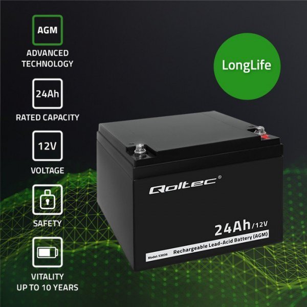Qoltec Akumulator AGM | 12V | 24Ah | max.7.2A