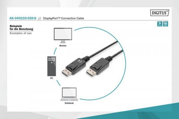 Digitus Kabel połączeniowy DisplayPort z zatrzaskami 1080p 60Hz FHD Typ DP/DP M/M czarny 2m