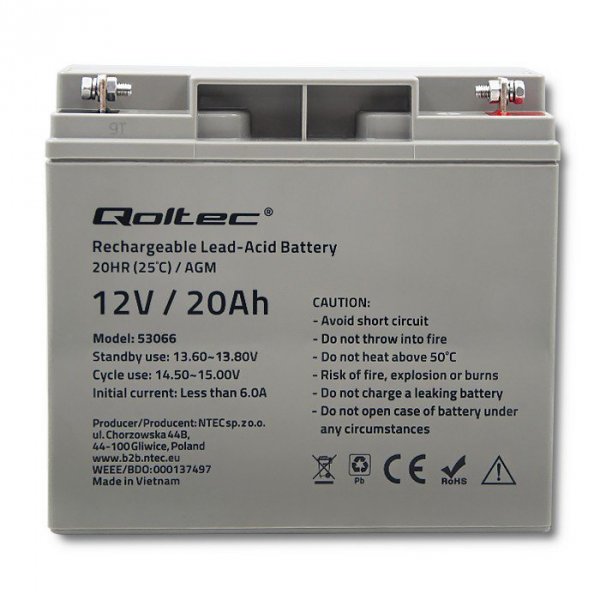 Qoltec Akumulator AGM | 12V | 20Ah | max. 300A