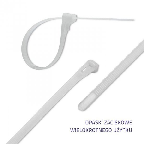 Qoltec Opaski zaciskowe wielorazowe/trytytki | 7.2*250mm | Nylon UV |   Białe