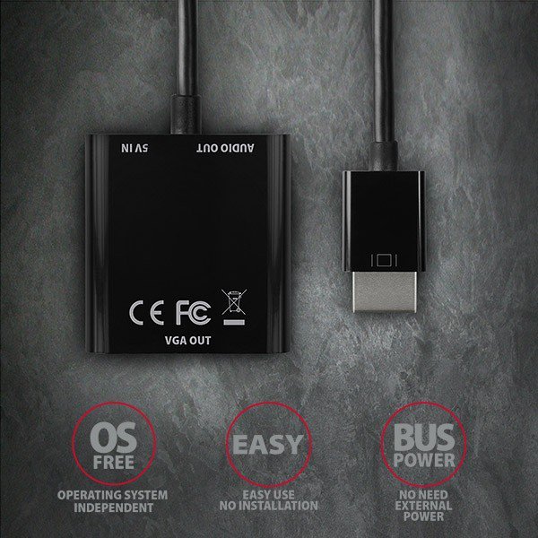 AXAGON RVH-VGAN Adapter aktywny HDMI -&gt; VGA FullHD, wyjście audio, micro USB złącze zasilania