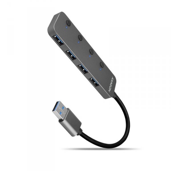 AXAGON HUE-MSA Hub 4-portowy USB 3.2 Gen 1 switch, metalowy, 20cm USB-A kabel, microUSB dodatkowe zasilanie
