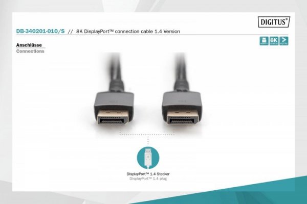 Digitus Kabel połączeniowy PREMIUM DisplayPort 8K60Hz UHD DP/DP M/M 1m Czarny
