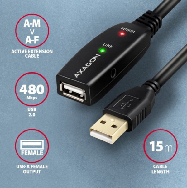 AXAGON ADR-215 USB 2.0 A-M -&gt; A-F aktywny kabel przedłużacz/wzmacniacz 15m