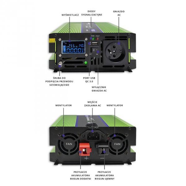 Qoltec Przetwornica napięcia Monolith | ładowanie baterii | UPS | 1000W | 2000W | 12V na 230V | Czysty Sinus | LCD