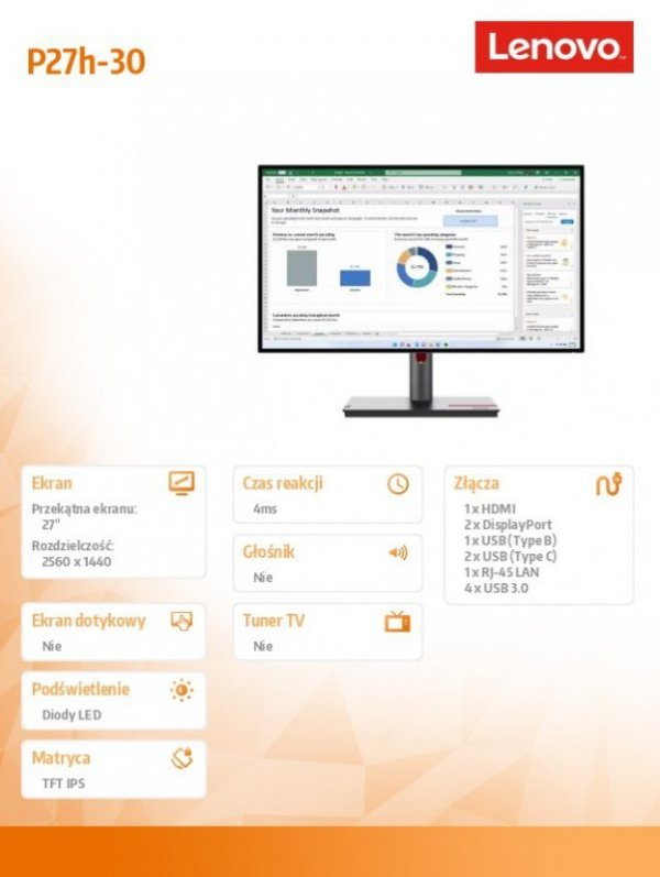 Lenovo Monitor ThinkVision P27h-30 27 cali  63A1GAT1EU