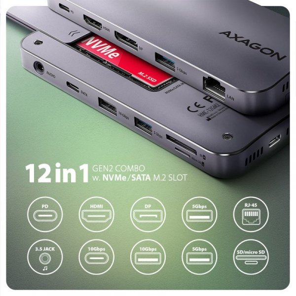 AXAGON HMC-12GM2 Wieloportowy hub USB 12in1 + M.2 NVMe/SATA pozycja, 10Gbps, 3x USB-A, USB-C, HDMI 4K/60Hz, DP 4K/60Hz, GLAN, SD