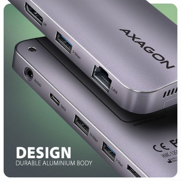 AXAGON HMC-12GM2 Wieloportowy hub USB 12in1 + M.2 NVMe/SATA pozycja, 10Gbps, 3x USB-A, USB-C, HDMI 4K/60Hz, DP 4K/60Hz, GLAN, SD