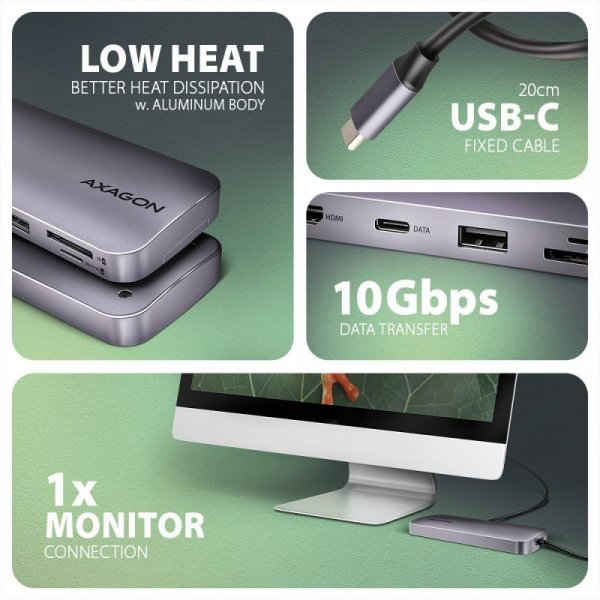AXAGON HMC-6GM2 Wieloportovy hub USB 6in1, 10Gbps, USB-A, USB-C, HDMI 4K/60Hz, M.2 NVMe/SATA, SD/microSD, PD 100W, 20cm USB-C ka