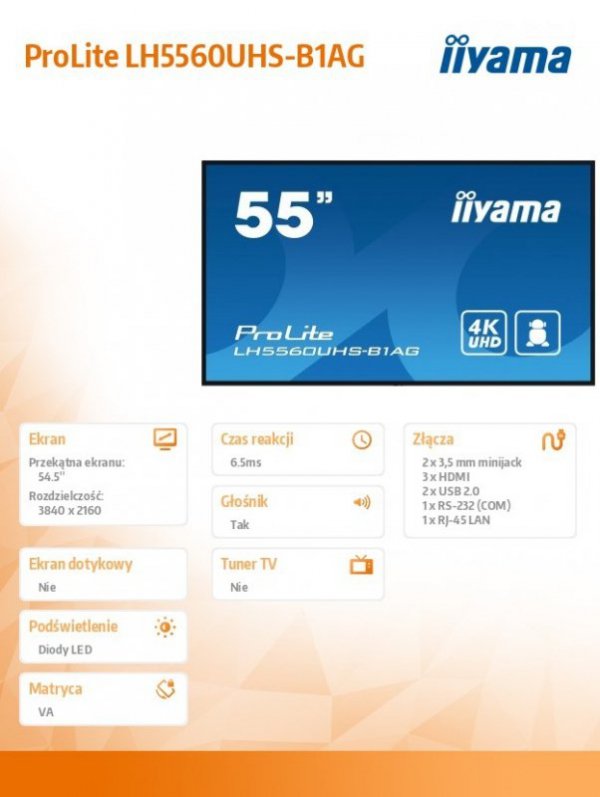 IIYAMA Monitor wielkoformatowy 55 cale LH5560UHS-B1AG matowy 24h/7 500(cd/m2) VA 3840 x 2160 UHD(4K) Android.11 Wifi CMS(iiSigna