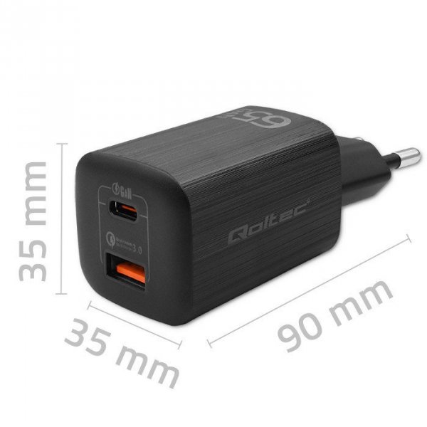 Qoltec Ładowarka sieciowa 65W GaN ULTRA | 5-20V | 2.25-3.25A | 1 x USB  typ C PD | 1 x USB | Czarna
