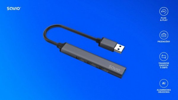 Savio Hub 4 porty USB-A - 3 x USB-A 2.0, 1 x USB-A 3.0, 5 Gbps, Aluminium, AK-70