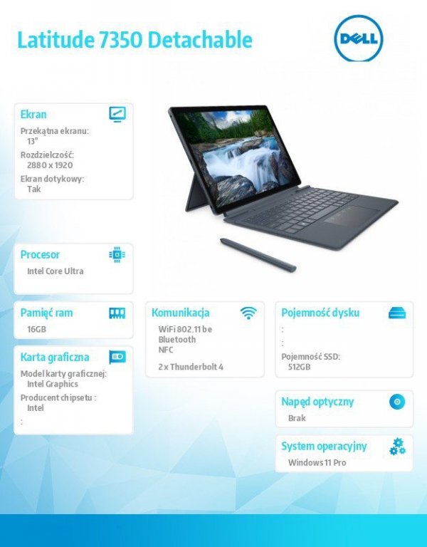 Dell Notebook Latitude 7350 Det W11P Ultra 7 164U/16GB/512GB SSD Gen4/13&#039; 3K Touch/Intel Graph/FgrPr&SmtCd/IR Cam/Mic/WLAN+