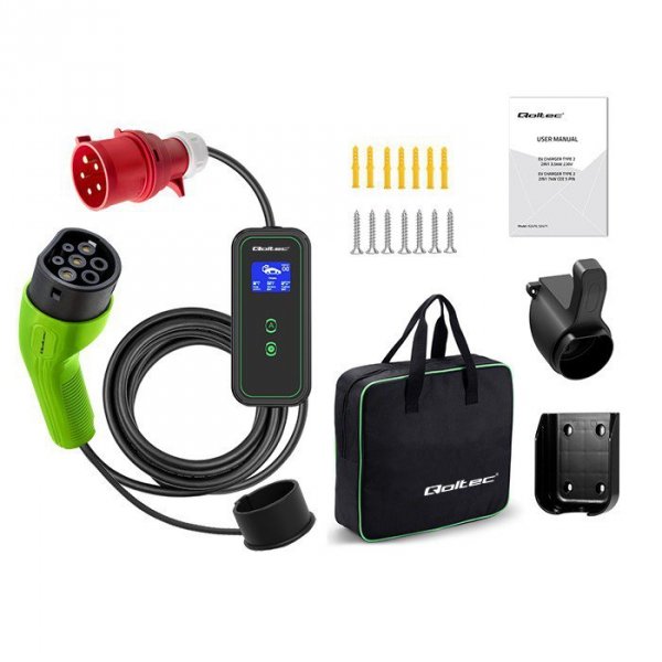 Qoltec Mobilna ładowarka do samochodu elektrycznego EV z regulacją 2w1  Typ2 | 11kW | CEE 5 PIN | WiFi | LCD | 3 fazy | Przenona