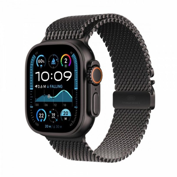 Apple Watch Ultra 2 GPS + Cellular, koperta 49 mm z tytanu w kolorze czarnym z bransoletą mediolańską M z tytanu w kolorze czarn