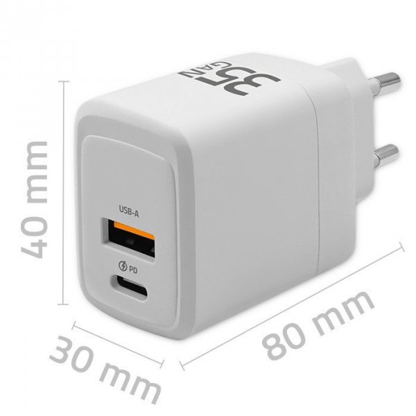Qoltec Ładowarka sieciowa 35W GaN | 5-20V | 1.5-3A | 1xUSB-C PD | 1xUSB QC 3.0 | Biała