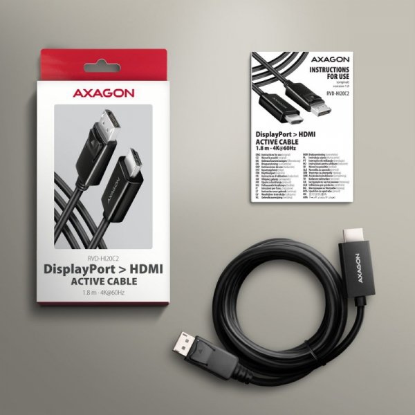 AXAGON RVD-HI20C2 Adapter aktywny DisplayPort -&gt; HDMI 1.4, 4K/60Hz, kabel 1,8m