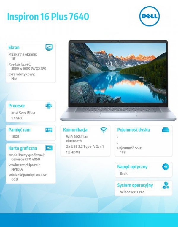 Dell Notebook Inspiron Plus 7640 Win11Pro Ultra 7 155H/16GB/1TB SSD/16.0 2,5K 2560x1600/RTX 4050/FgrPr/FHD Cam/Mic /Backlit Kb/9