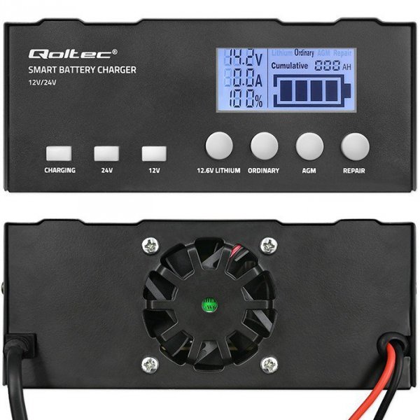 Qoltec Inteligentna mikroprocesorowa ładowarka 12V | 12.6V | 24V |Prostownik z funkcją naprawy do akumulatora AGM GEL LiFePO4 | 