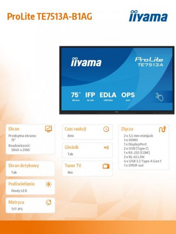 IIYAMA Monitor 75 cali TE7513A-B1AG INFRARED,40pkt,IPS,4K,7H,450cd/m2,      WiFi,USB, ANDROID 14, Google EDLA,2x20W, UCHWYT CIENNY