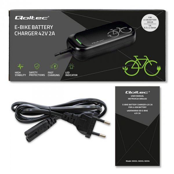 Qoltec Ładowarka do roweru skutera elektrycznego 36V | 42V | 2A | 5.5*2.5 + wodoodporna + kabel zasilający