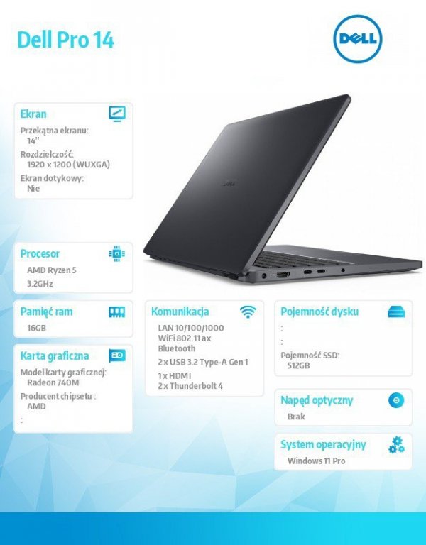 Dell Laptop Dell Pro 14 PC14255/AMD Ryzen 5 220/16GB/512GB SSD/14.0 FHD+/Radeon 740M/FgrPr/FHD/IR Cam/Mic/WLAN+BT/Backlit Kb/3 C