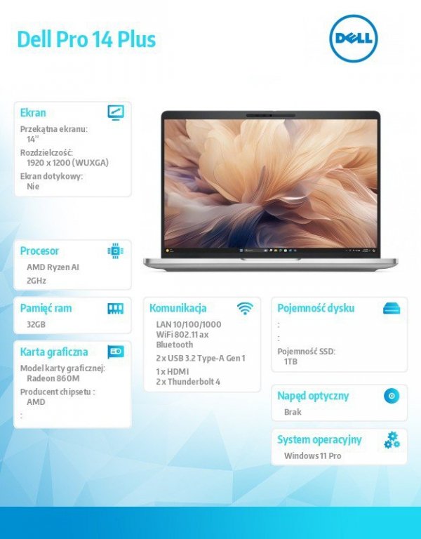 Dell Laptop Dell Pro 14 Plus PB14255/Ryzen AI 7 PRO 350/32GB/1TB SSD Gen4/14.0 FHD+/Radeon 860M/FgrPr&SmtCd/FHD/IR Cam/Mic/WLAN+