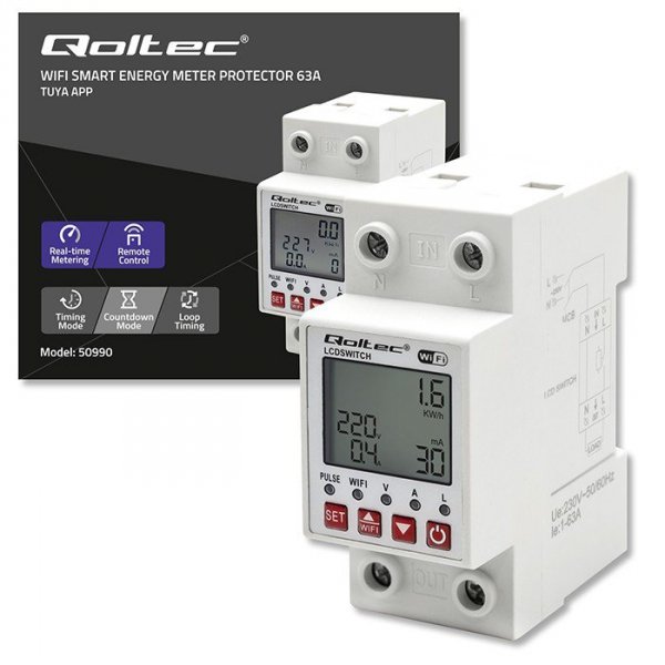 Qoltec Przekaźnik 63A na szynę DIN z licznikiem energii elektrycznej |  Timer | Tuya | Wi-Fi | LED                              
