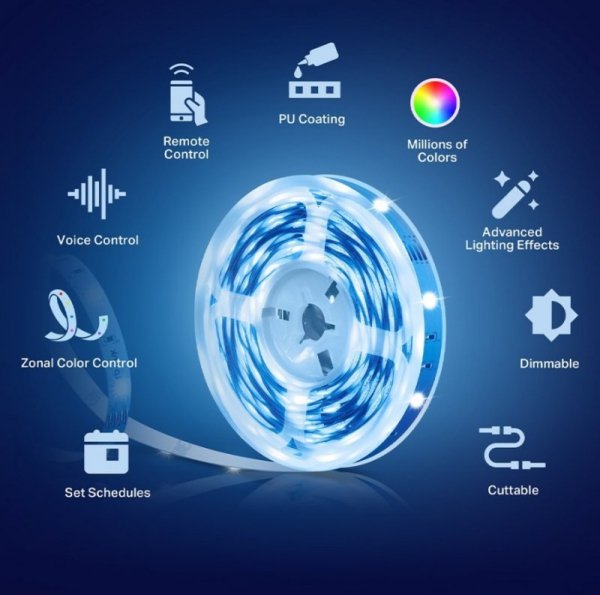 TP-LINK Taśma LED Smart Wi-Fi ze zmiennym kolorem                      SPEC: 2.4 GHz Wi-Fi, 802.11b/g/n, one 16.4 ft/5m RGB+IC L