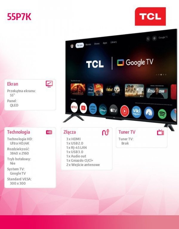 TCL Telewizor LED 55 cali 55P7K