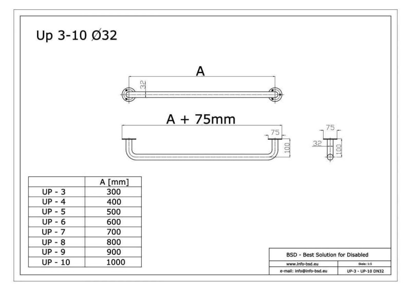 Haltegriff für barrierefreies Bad 30 cm aus rostfreiem Edelstahl ⌀ 32 mm mit Abdeckrosetten 