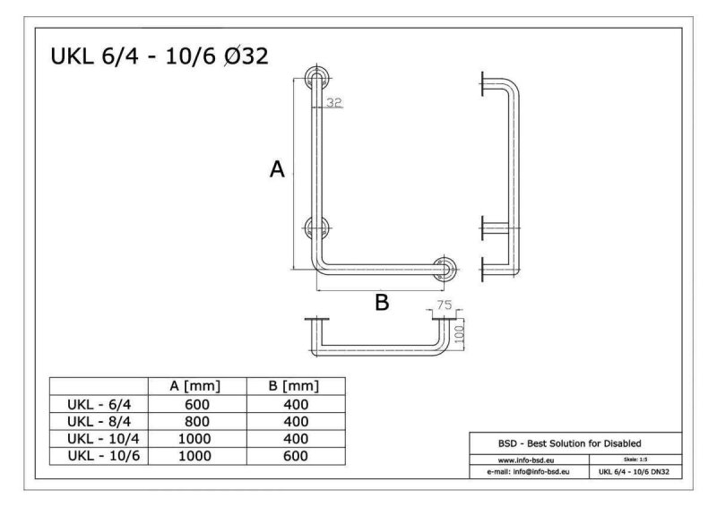 Winkelgriff 80/60 cm für barrierefreies Bad links montierbar weiß ⌀ 32 mm mit Abdeckrosetten