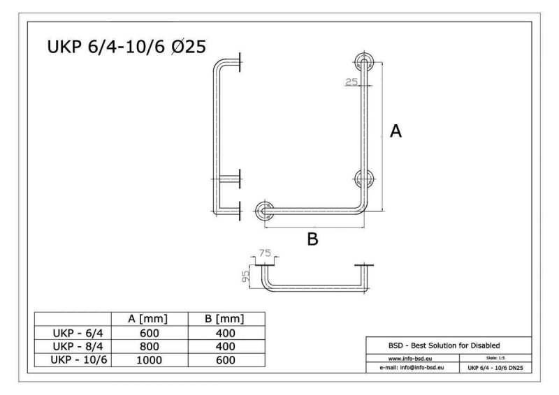 Winkelgriff für barrierefreies Bad 100/40 cm rechts montierbar aus rostfreiem Edelstahl ⌀ 25 mm