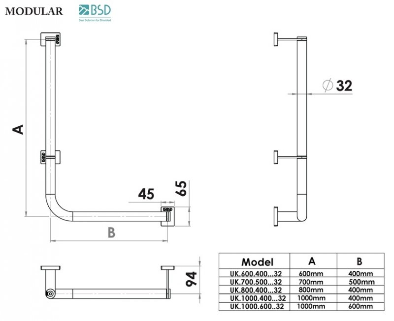 Winkelgriff für barrierefreies Bad 80/40 cm rechts montierbar aus rostfreiem Edelstahl ⌀ 32 mm MODULAR