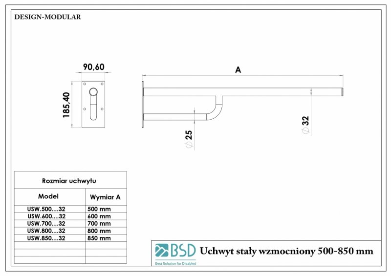 Stützgriff für barrierefreies Bad 70 cm aus rostfreiem Edelstahl ⌀ 32 mm MODULAR