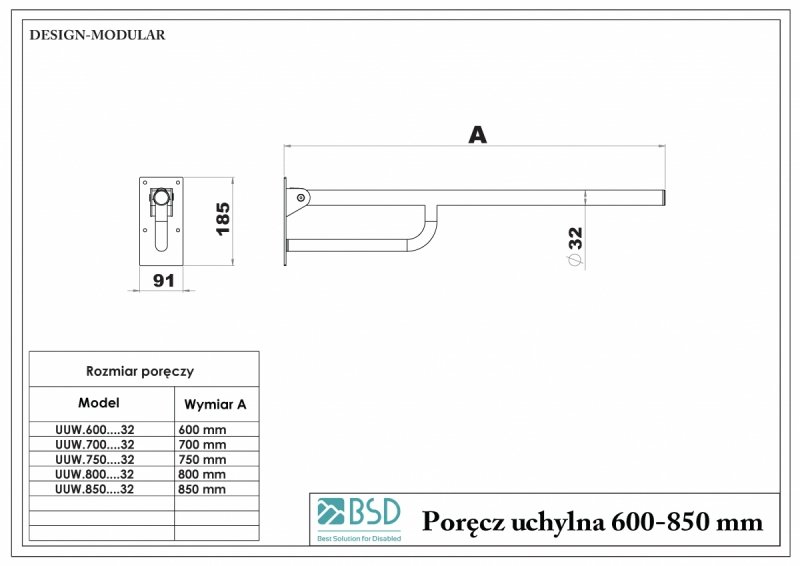 WC Klappgriff für barrierefreies Bad 60 cm. aus rostfreiem Edelstahl ⌀ 32 mm MODULAR