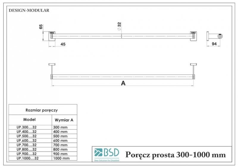 Gerader Handlauf für barrierefreies Bad 40 cm  aus rostfreiem Edelstahl ⌀ 32 mm MODULAR
