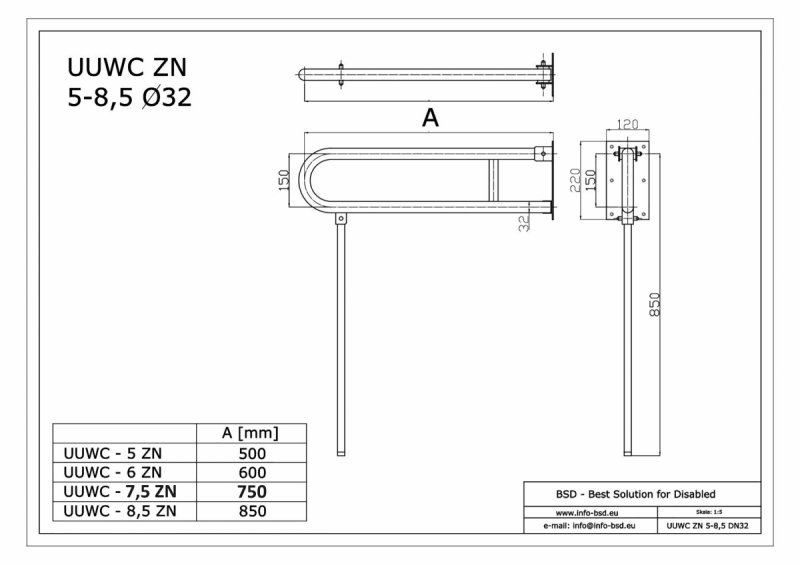 WC - Klappgriff für barrierefreies Bad mit Stützbein 75 cm aus rostfreiem Edelstahl ⌀ 32 mm