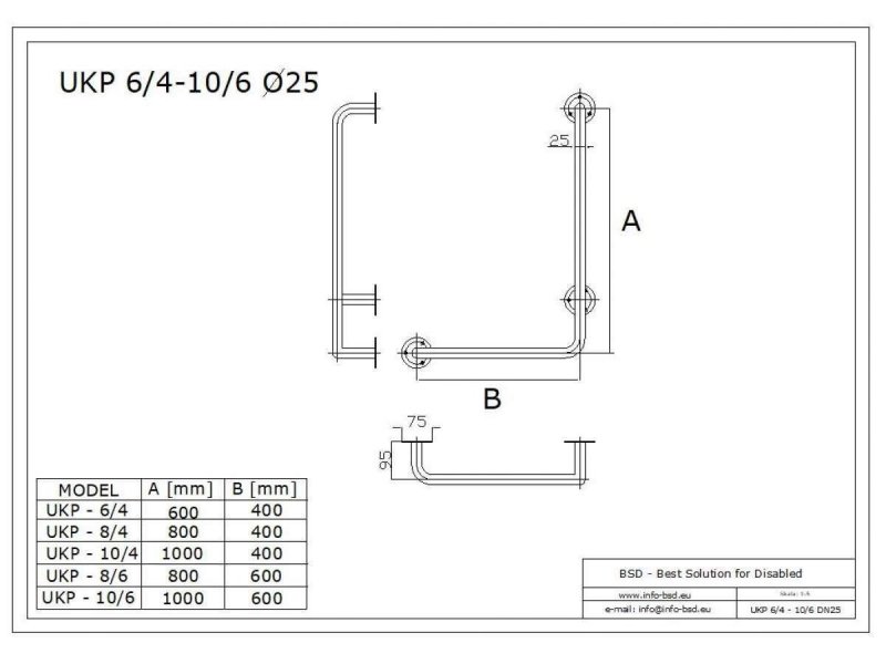 Winkelgriff 80/40 cm für barrierefreies Bad rechts montierbar weiß ⌀ 25 mm