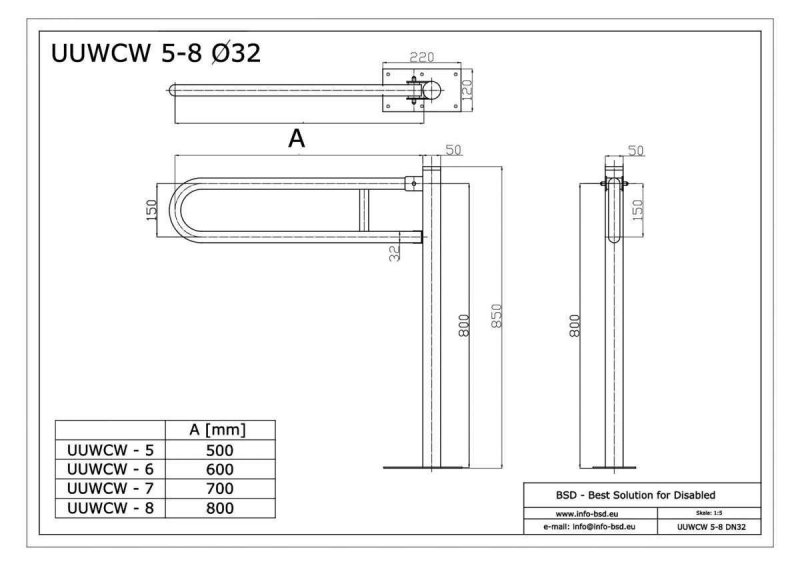 WC - Klappgriff freistehend für barrierefreies Bad aus rostfreiem Edelstahl 75 cm ⌀ 32 mm / ⌀ 50 mm