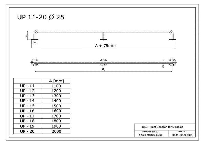 Handlauf für barrierefreies Bad 180 cm weiß ⌀ 25 mm