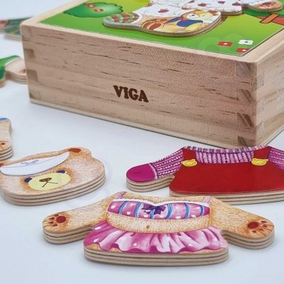 VIGA Drewniana Układanka Logiczna Puzzle Ubierz Misia Dziewczynkę