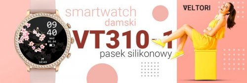 Smartwatch Damski VELTORI VT310-1 Złota Bransoleta + Różowy Pasek Silikonowy